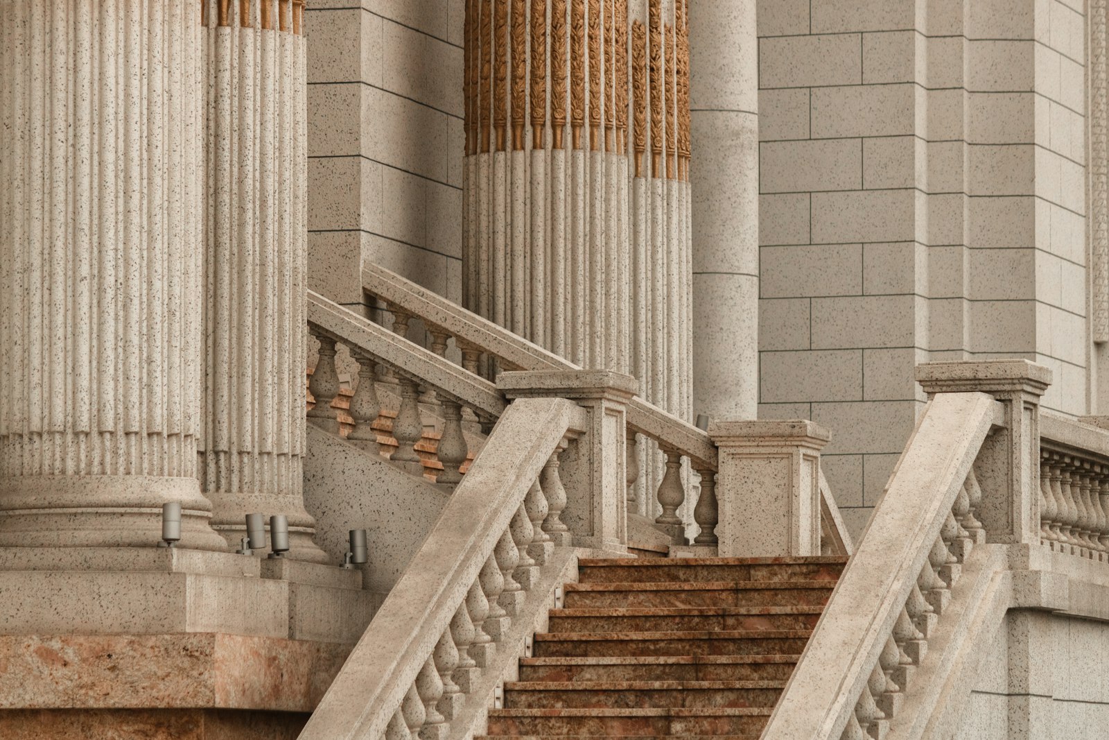 Stone staircase and classical columns in warm afternoon light
